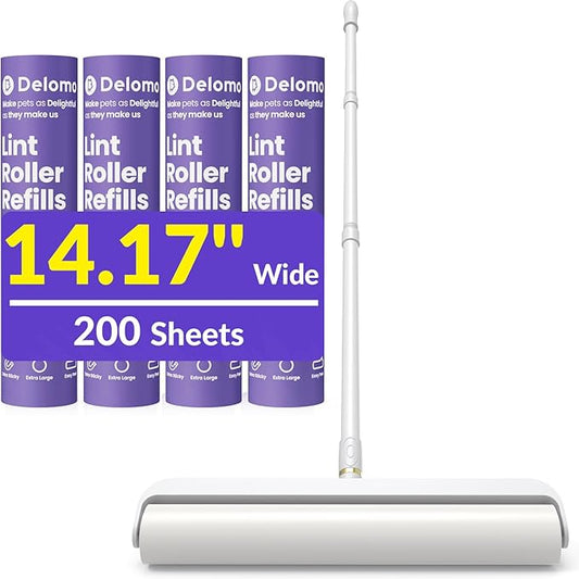 14.17" Extra Large Lint Rollers for Pet Hair, DELOMO Sticky Rollers for Floor with 3 Extendable Handle & 4 Refills (200 Sheets), Long Handle Sticky Mop for Cleaning Carpets, Couches, Furniture, Cars by DELOMO