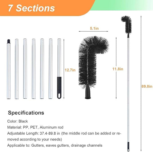 Outdoor Patio Rain Gutters Clean Kit with PET Brushes & Non-slip Handle for Debris Removal, 5.5ft 6.5feet 7.5foot Long Gutter Cleaning Tool From the Ground(7.5ft)