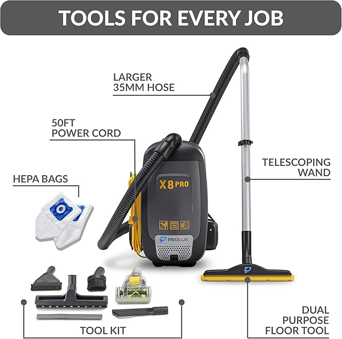 Prolux X8 Pro 10 lb Lightweight Commercial Backpack Vacuum – HEPA Filtration w/Sealed 8 Qt HEPA Bags, 120 CFM Commercial Suction, 50′ Cord, Loaded with Attachments