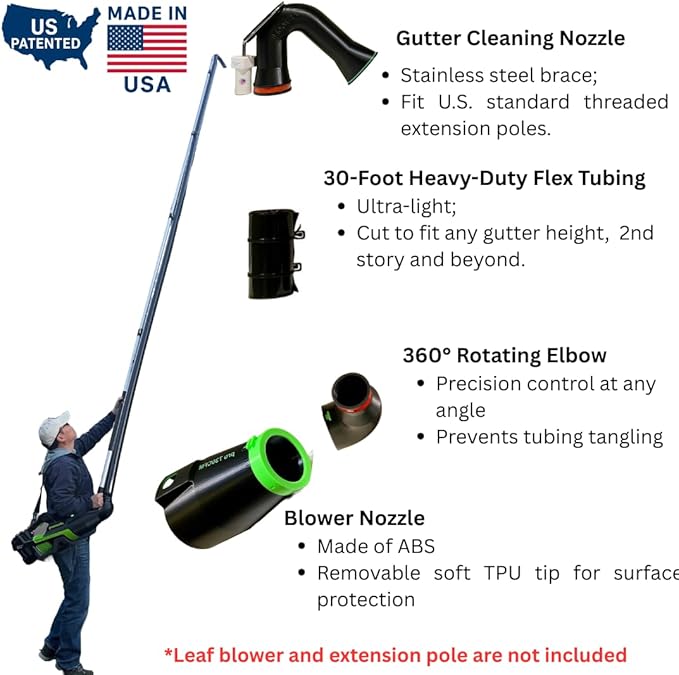 ArloCatcher 30-Foot Gutter Cleaning Kit for Greenworks Leaf Blower 760, 730, 700(60V), 610, 585, 550, 515 and 500 – Two-Story Gutter Cleaning Tools from Ground, No Ladder, Extension Pole Not Included