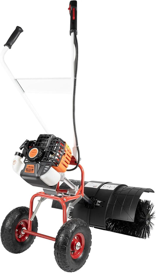 52CC 2.5HP Artificial Grass Brush Sweeper, 2 Stroke Walk Behind Sweeper Outdoor Hand Held Gas Power Broom Single Cylinder Broom Driveway Cleaning Tools for Snow Lawn Artificial Gravel