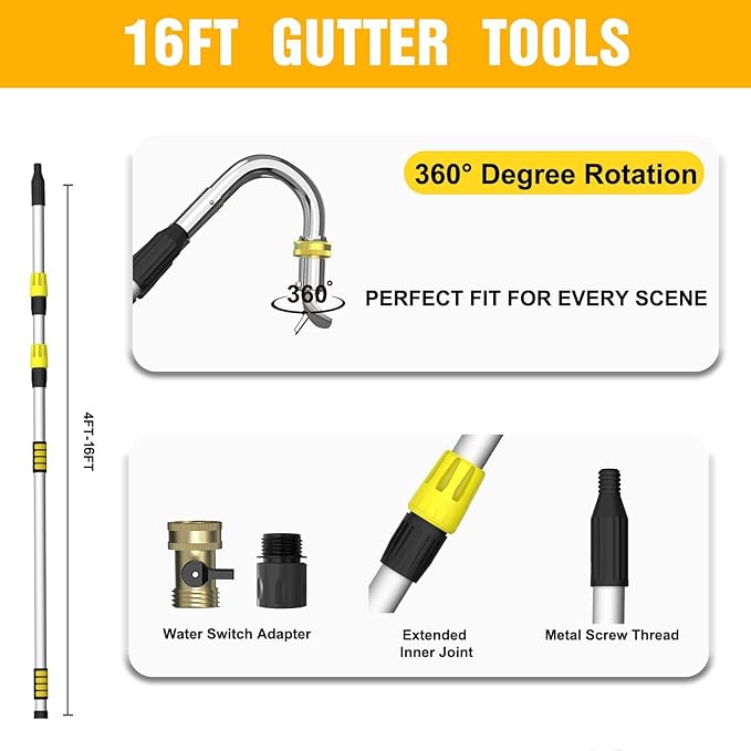 Gutter Cleaning Tools from The Ground, 24FT Reach Rain Cleaner with Bendable Wand and Quick Connect Adapter for Garden Hose