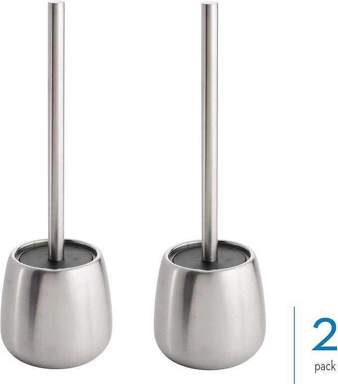iDesign Stainless Steel Toilet Brush and Holder for Bathroom Cleaning and Storage, Set of 2, Brushed