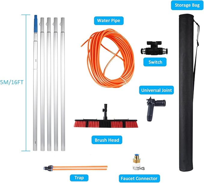 Window cleaning pole 3~12m extendable window cleaning kit window cleaning pole steel buckle fixing, easy to install,with 20m water supply hose 50cm water hole large brush head Roof Cleaning Tools