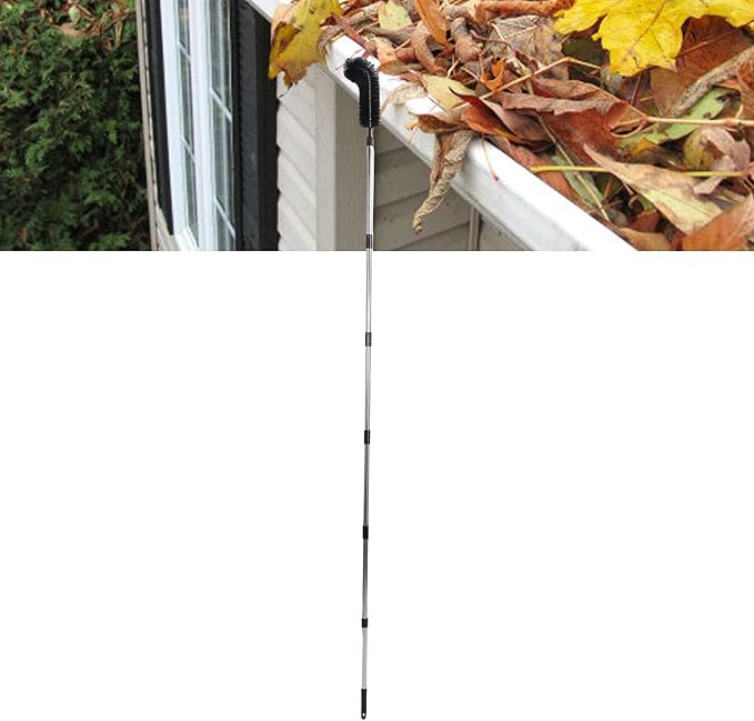Diydeg Gutter Cleaning Tools from The Ground, 9.5ft Reach Telescopic Rain Gutter Cleaner with Quick Connect Adapter, Bendable Nylon Brush & Rotating Mirror for Garden Hose