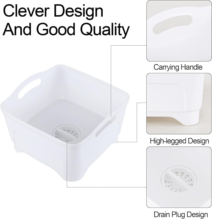 Teyyvn 4 Packs White Wash and Drain Dish Tub, 11.8" x 11.8" x 6.9"