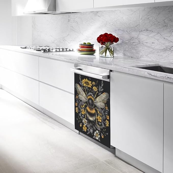 Flower and Bee Painting Dishwasher Magnet Cover Sticekr - Kitchen Decorative Fridge Panel Decal - Kitchen Appliances Decorate Sticker - 23W x 26H inchs