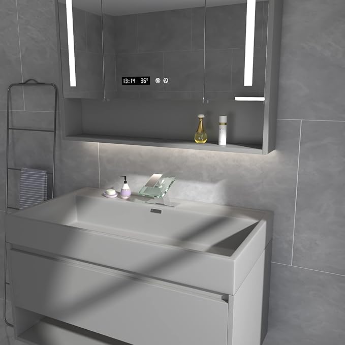 BWE Waterfall Bathroom Faucet Brushed Nickel Glass Spout Vanity Faucets for Bathroom Sink 1 Hole Single Handle Modern Lavatory Bath Mixer Tap with Faucet Supply Hose