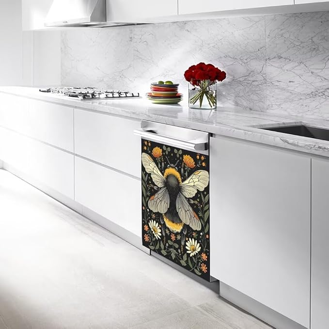 Flower and Bee Wallpaper Dishwasher Magnet Cover Sticekr,Refrigerator Magnet Cover Decal Fridge Microwave Stickers Kitchen Decor,23W x 26H inchs