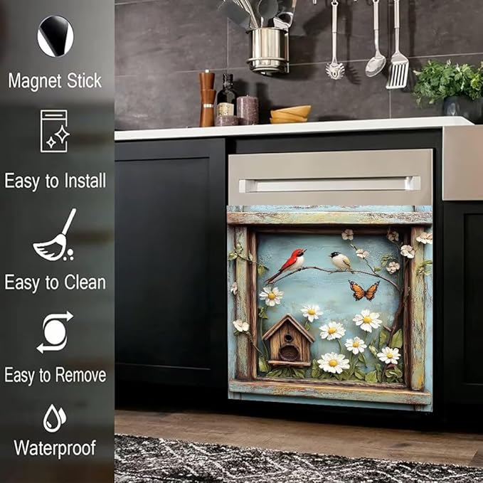 Kitchen Decor Dishwasher Magnet Cover Decal, Rustic Farm Floral Window Birds and Flowers, Magnetic Dish Washer Panel Door Vinyl Sticker, Refrigerator Magnets,Easy to Clean, 23 x 26 inch