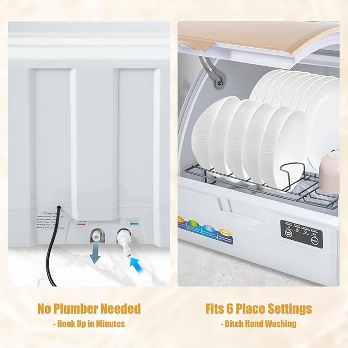 Small Countertop Dishwasher, 4 Washing Programs Neutral Freestanding Dishwasher with 3L Built-in Water Tank, 900W 360° Spraying Water Compact Dishwasher for Homes (900W White Gold)