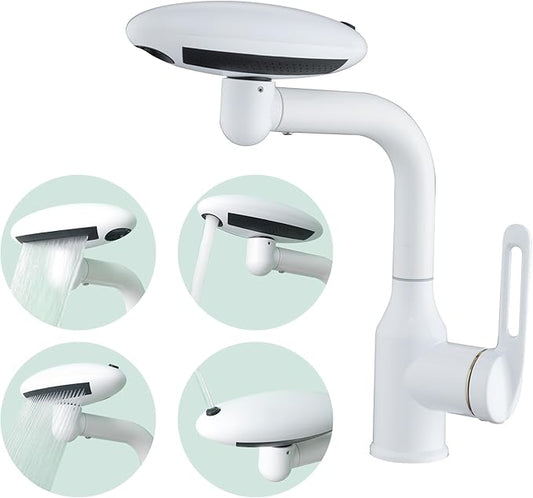Bathroom Sink Faucet 1 Hole, White Multifunctional Basin Faucet with 4 Water Outlet Modes, Modern 360°Rotatable Bar Tap with Two Water Supply Pipes
