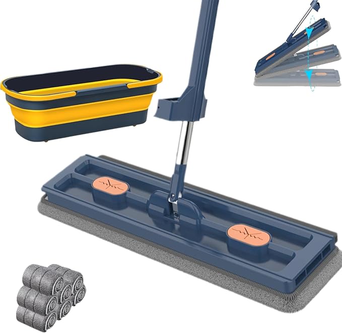 2025 New Large Flat Mop and Bucket Set, 360 Rotation Flat Mop with Self-Wringing Bucket, Includes 7 Reusable Microfiber Pads for Tile, Hardwood, Laminate Floors Wet and Dry (Blue)