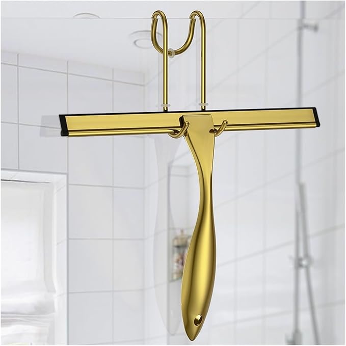 Window Squeegee 10'' 14 inch Bath Cleaner Squeegee Golden Color with Hooks Door Glass Mirror Car Cleaning Tool for Shower Glass(Size Small 10inch)