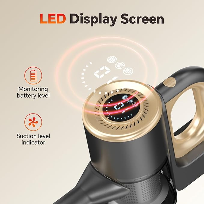 Cordless Vacuum Cleaner, Powerful Suction Vacuum Cleaners for Home, Stick Vacuum Cordless Rechargeable with LED Screen and 3-Speed Suction, Lightweight Vacuum for Hard Floors Carpets Pet Hair, Gold