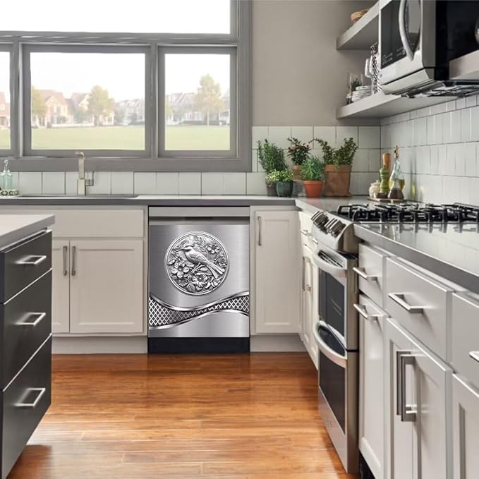 Stainless Steel Design Bird Painting Dishwasher Magnet Cover Sticker,Refrigerator Magnet Cover Decal Fridge Microwave Stickers Kitchen Decor,23 x 17 Inch