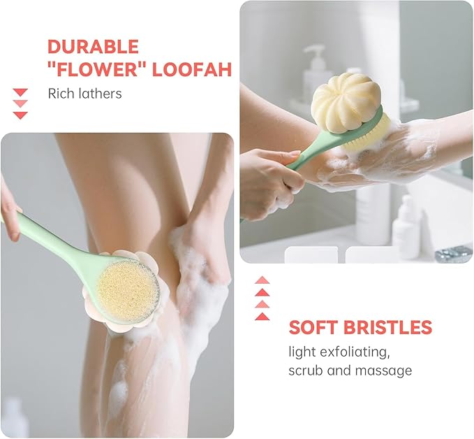 Back Scrubber for Shower, 15.7" Loofah with Handle, Back Shower Brush with Bristles and Loofah, Dry Brushing Body Brush for Cleanse Back and Hard to Reach Areas with Curved Long Handle