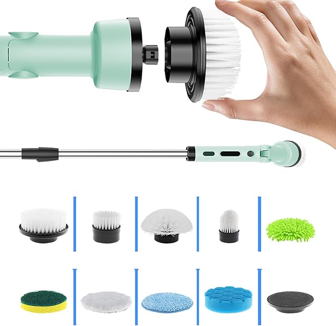 ZJchao Electric Scrubber for Cleaning, Bathroom Cleaning Supplies, Water Proof Cordless with 9pcs Brush Heads and Telescopic Handle for Floors, Bathroom, Kitchen (Green)