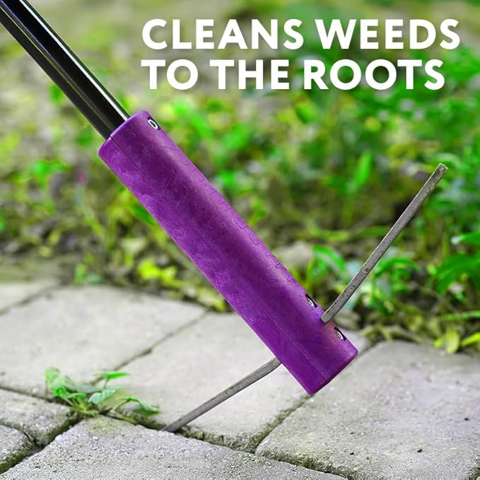 BICRACKIE Stand-Up Paver Crack Weeding Tool with 60" Steel Pole; Steel Blade with 2-Sized, 5" Tapered Ends for Patios, Driveways (Saw-Cut), Sidewalks, Pavers to Remove Weeds Easily; Made in USA