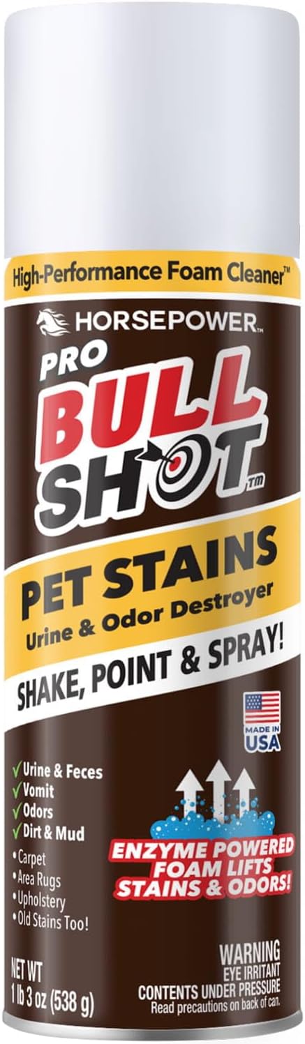 Bull Shot Pet Pro Stain Remover, AS SEEN ON TV, Urine & Odor Emulsifier, Enzyme-Powered Professional Strength Foam for Urine, Feces, Vomit, Odors, Dirt On Carpet, Area Rugs, Upholstery, Old Stains