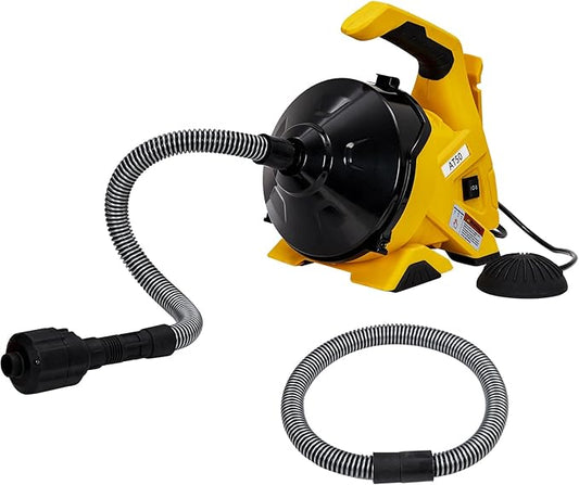 Drain Cleaner Machine 30Ft x 3/10In, Auto-Feed Electric Drain Snake with Foot Switch, Piano Wire Cable for 3/4"–2" Pipes, Sewer Snake for Sinks, Toilets & Floor Drains