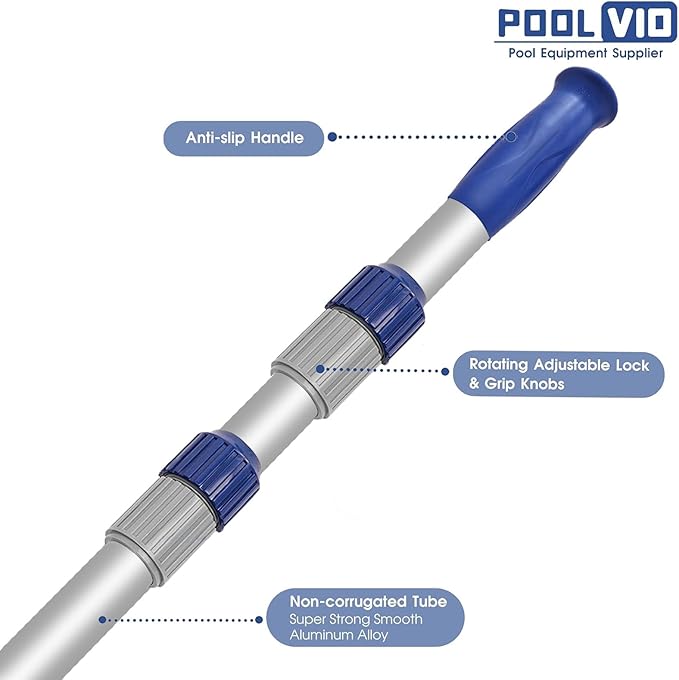 Poolvio 15 FT Telescopic Pool Pole - Adjustable 3 Piece Aluminum Pool Skimmer Pole for Pool Cleaning Skimmer Nets Vacuum Heads & Brushes, Strong Grip & Lock