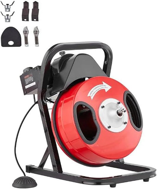 50FTx1/2 Inch Drain Cleaner Machine with Wheels, Sewer Snake Drain for 2" to 4" Pipes, Plumbing Snake Auger Cleaner with 6 Cutter & Foot Switch for Sewer, Sink, Toilet, Bathroom