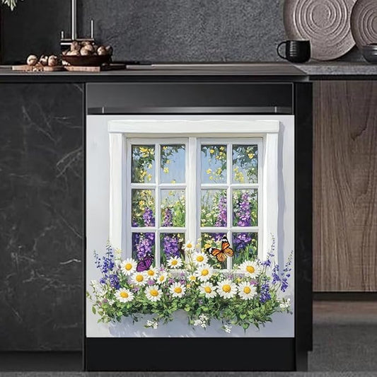 Kitchen Decor Dishwasher Magnet Cover Decal, Floral Window Garden with Daisies and Butterfly, Magnetic Dish Washer Panel Door Vinyl Sticker, Refrigerator Magnets,Easy to Clean, 23 x 26 inch