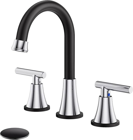 Bathroom Faucets for Sink 3 Hole, Hurran Black& Chrome Bathroom Sink Faucet with Pop-up Drain and Supply Lines, Stainless Steel Lead-Free Widespread Faucet for Vanity RV Farmhouse Sink