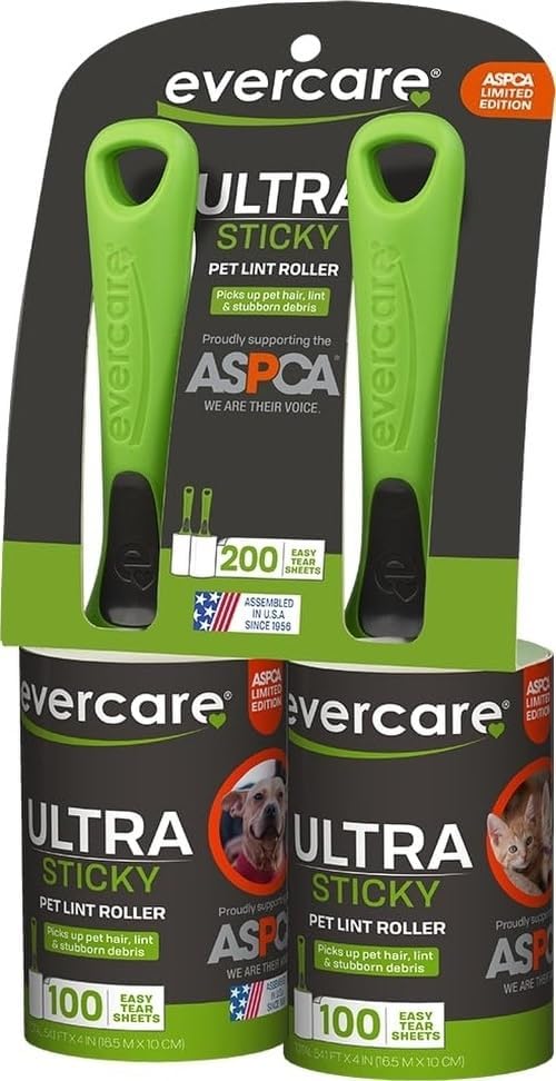 Evercare Pet Hair Lint Rollers All Purpose Use 100 Easy-Tear Sheets Per Roll Reusable Sticky Roller Pets Cat & Dog Hair Remover Contoured Handle for Furniture Clothing & Cars, Set of 2, Green by Evercare