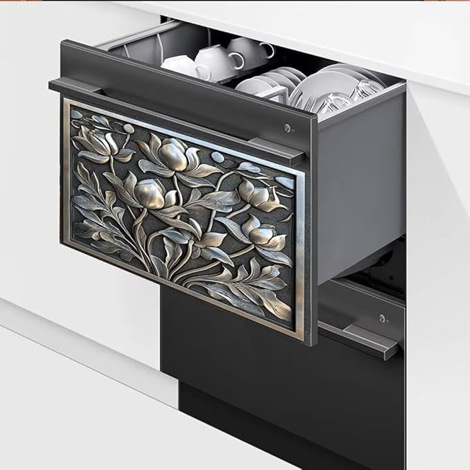Dishwasher Magnet Cover Stainless Steel Look Flower Dishwasher Front Panel Decorative, Magnetic Appliance Cover Kitchen Decor Home Refrigerator Magnets Sticker 23" W x 17" H