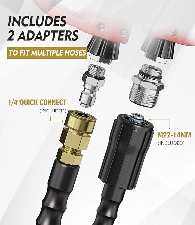 Pressure Washer Gun and Hose Kit, 4800PSI Steel-Braided & Durable - Flexible & Kink-Resistant Power Washer Hose 25 FT with 3/8" Swivel Quick Connector and M22 14mm Adapters Replacement