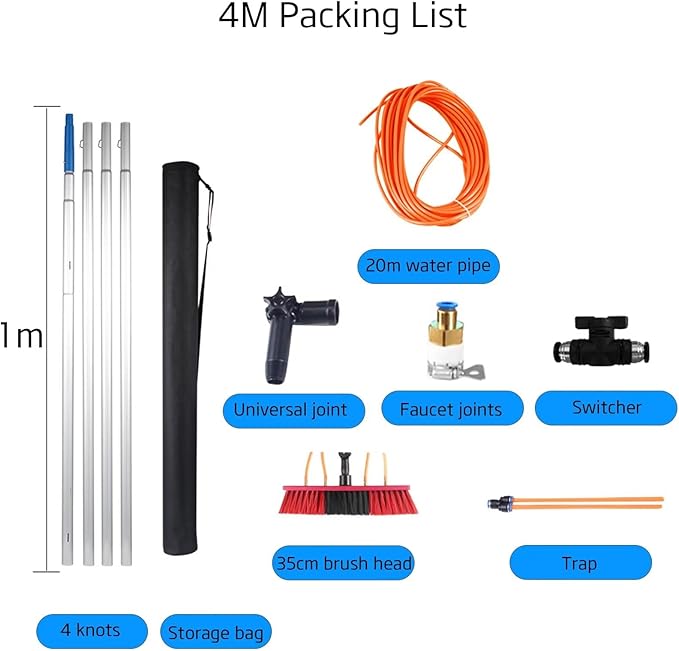 Cleaning Photovoltaic and Solar Panels,Window Clean, Glass Wall Cleaning, Washing Set Equipment Extension Pole Cleaning for Trucks Windows 4poles 35brush Head