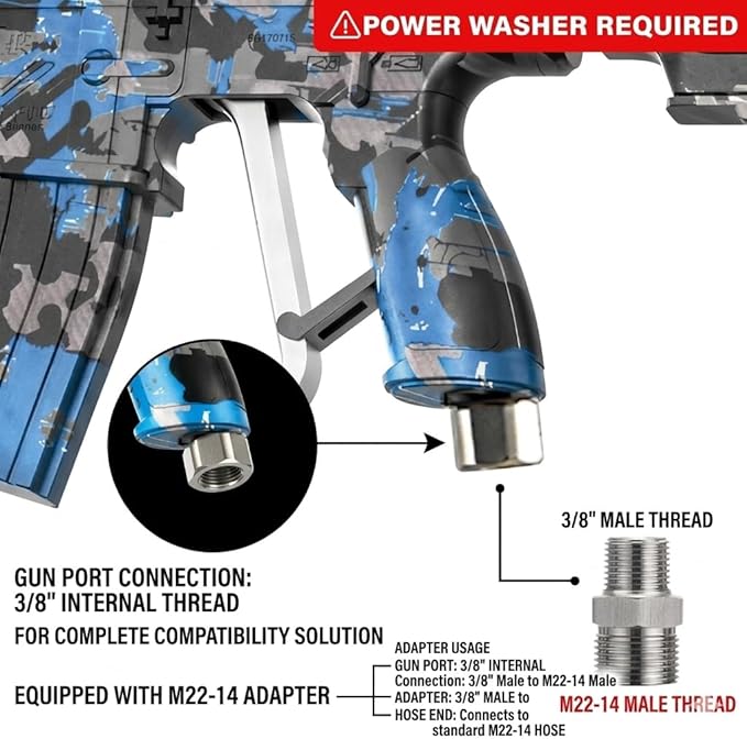 M416 Tactical Style 3600 PSI High Pressure Washer Gun - Foam Cannon Compatible with Swivel & 4 Nozzles - Airsoft Inspired Design for Car Cleaning & Outdoor Use (Blue)