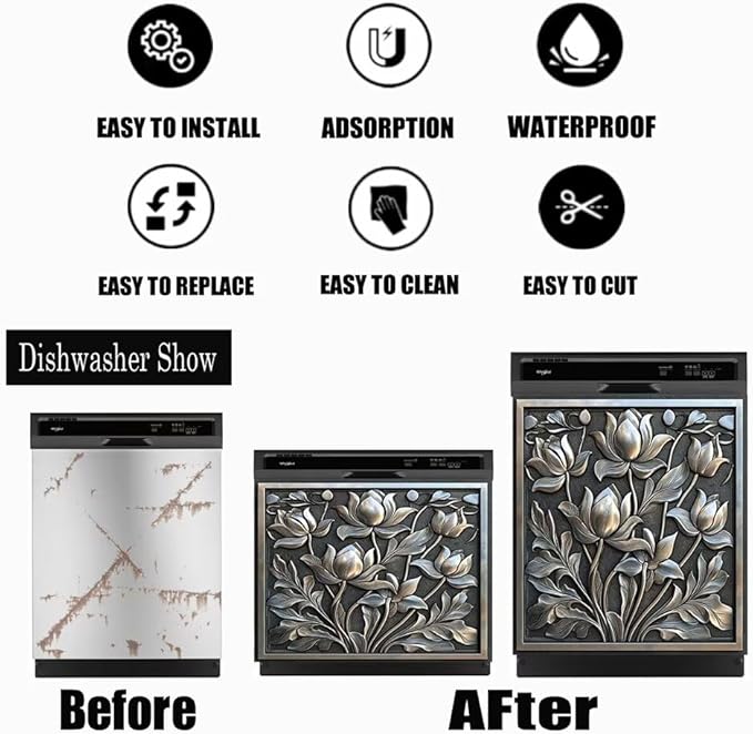 Dishwasher Magnet Cover Stainless Steel Look Flower Dishwasher Front Panel Decorative, Magnetic Appliance Cover Kitchen Decor Home Refrigerator Magnets Sticker 23" W x 26" H