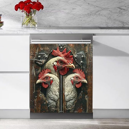 Wood Board and Rooster Painting Dishwasher Magnet Cover,Fridge,Refrigerator Magnetic Panel Decals,Home Appliances Cabinet Magnets Sticker 23W x 17H inchs