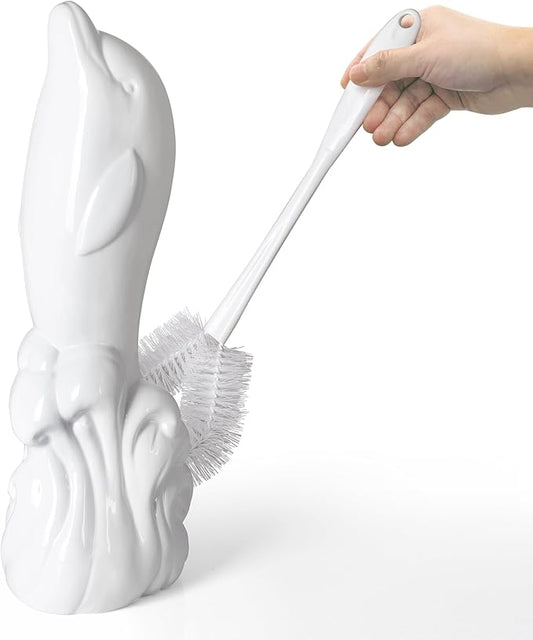 Dolphin Ceramic Toilet Brush Holder with Plastic Brush Set-White by Allure Home Creation