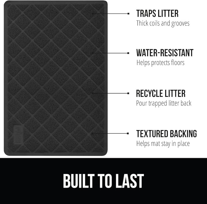 GORILLA GRIP Cat Litter Box Mat, Water Resistant, US Designed Kitty Litter Trapping Mats, Easy to Clean, Scatter Control, Less Mess and Clean Floors, Kitten Supplies for Indoor Cats 24x17 Black 2 Pack