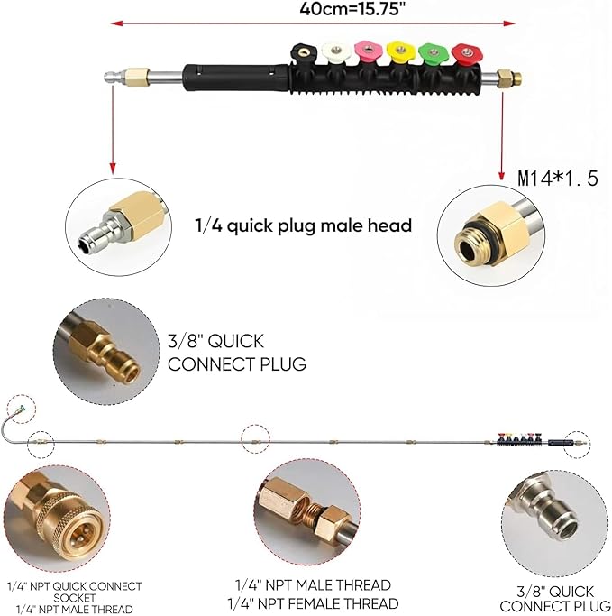 Washer Extension Wand Set, Pressure Washer Tips 9 PCS Gutter Cleaning Tools with 6 Nozzle Tips, 30°,90°,120° Curved Rod, 1/4" Quick Connect, 4000 PSI (9 piece pole set++Water Gun)