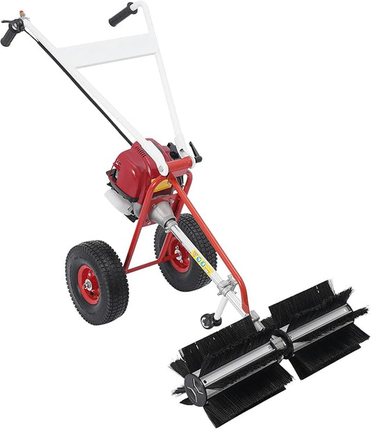 Gas Powered Walk-Behind Outdoor Lawn Brush Sweeper, 4-Stroke Gasoline Engine Lawn Sweeper, 23.62" Hand Push Sweeper Lawns Cleaning Tools for Artificial Lawns, Pathways, Driveways