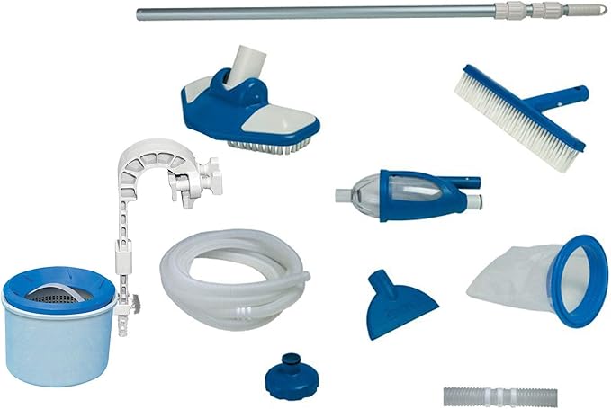 Intex Deluxe Automatic Surface Skimmer Bundled with Maintenance Kit w/ Vacuum & Pole, Swimming Pool Cleaning Tools for Above Ground and InGround Pools