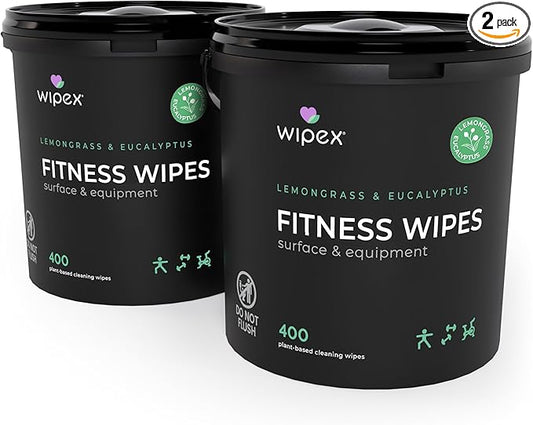 Wipex Gym Plant-Based Wipes, EWG Verified, Natural Surface & Equipment Cleaning with Lemongrass, Eucalyptus & Vinegar for Home or Fitness Studio, Yoga Mats, Peloton Bikes, 400 Count (Pack of 2)