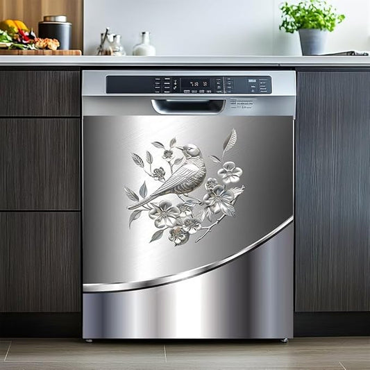 Stainless Steel Design Bird and Flower Pattern Sweet Home Dishwasher Magnetic Sticker,Refrigerator Magnets Kitchen Decorative,Fridge Magnetic Panel Decal for Home Appliance 23W x 26H inchs
