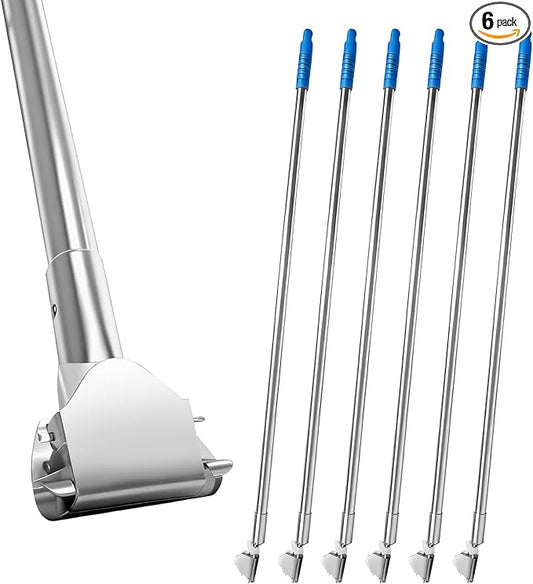 6 Pcs Clip on Dust Mop Handle with Chuck 51.18 Inch Stainless Steel Mop Replacement Stick Laminate Floor Cleaning Supplies for Kitchen Home Office Restaurant Bathroom Wood Tile