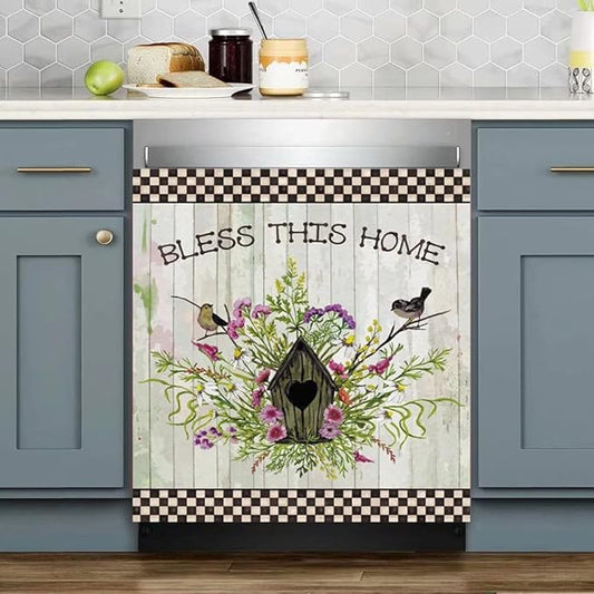 Bless This Home Dishwasher Magnet Vinyl Panel Fridge Decal,Flower Birds Dish Washer Cover Refrigerator Magnetic,Kitchen Decor Sticker Home Appliance Magnets 23"x17"