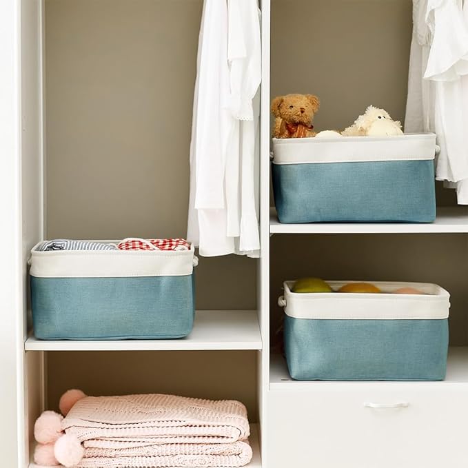 TheWarmHome Fabric Storage Bin with Handles,Storage Basket for Home Storage and Organization, Shelf Basket with Cover for Living Room Bedroom Closet???White & Green Large,15.7L*11.8W*8.3H