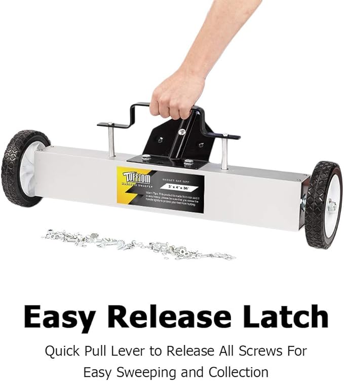 TUFFIOM 36-Inch Rolling Magnetic Pick-Up Sweeper | 55-LBS Capacity, with Quick Release Latch & Adjustable Long Handle, for Nails Needles Screws Collection