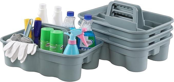 4-Pack Plastic Cleaning Caddy with Handle, Plastic Cleaning Tool Caddy, Gray