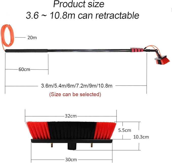 Telescopic Window Cleaning Kit - 24ft Solar Panel Brush Extendable Water Fed Pole Roof Cleaner & Conservatory Roof Cleaning Tools (55cm Brush)