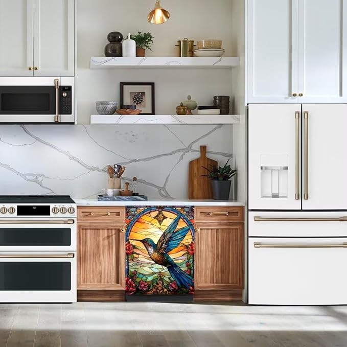Hummingbird Magnetic Dishwasher Cover, Stained Glass Window Design, 23" x 26" Vinyl Decal for Dishwasher, Refrigerator, Oven, Stove, Easy to Install and Remove